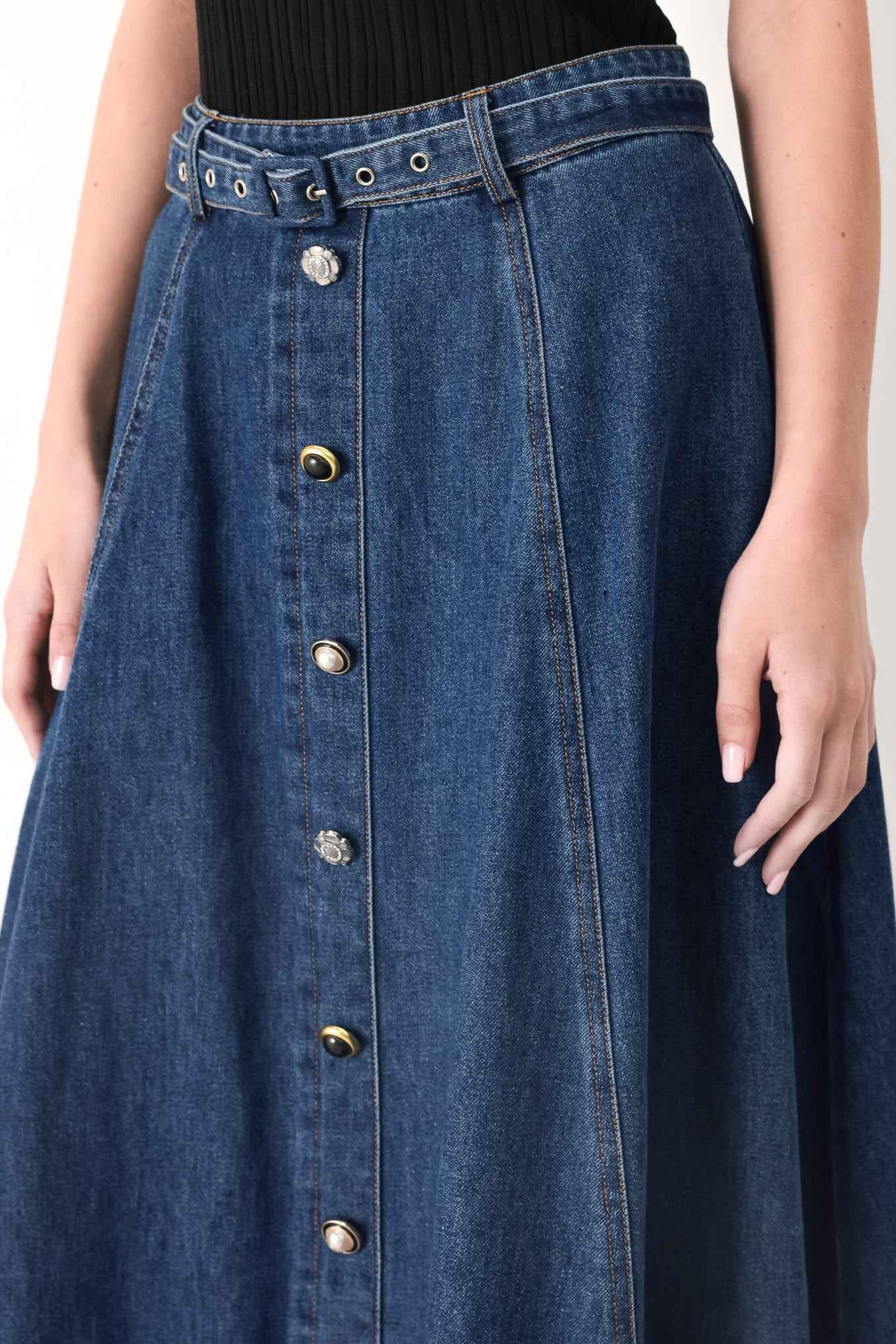 SWEET TALKER DENIM CIRCLE MIDI SKIRT