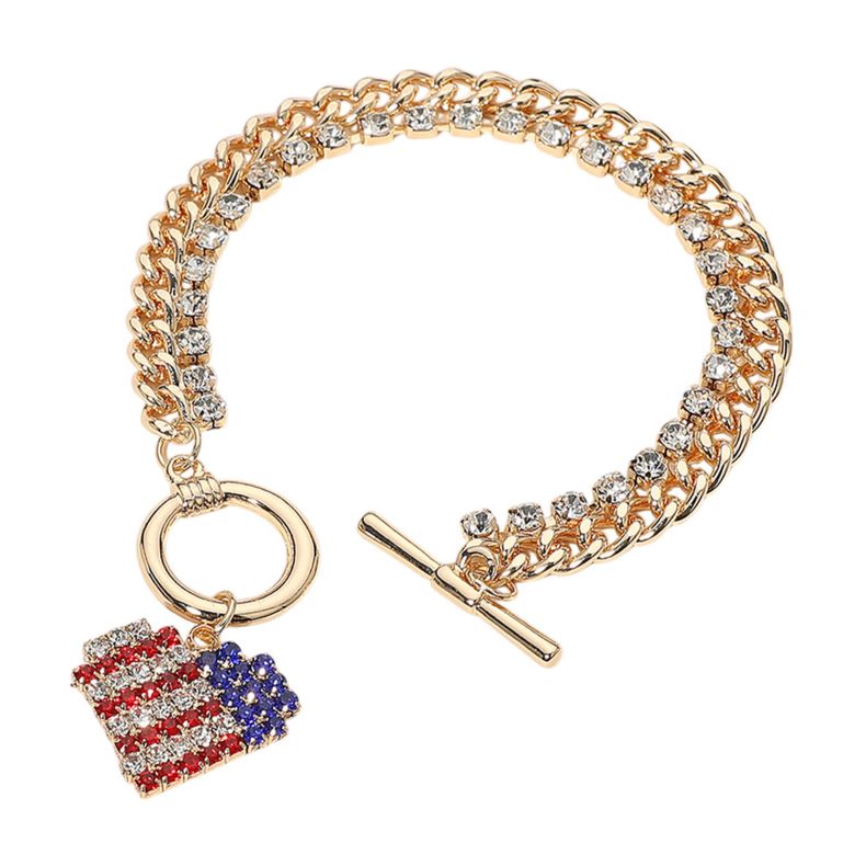 Stone Paved American USA Flag Charm Chunky Chain Toggle Bracelet