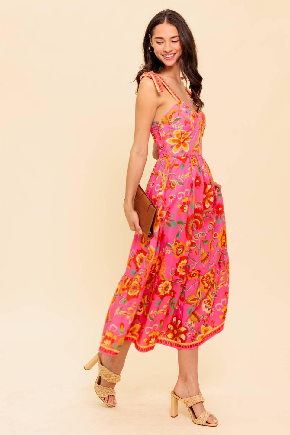 GARDEN GATHERING PINK WOVEN MIDI DRESS