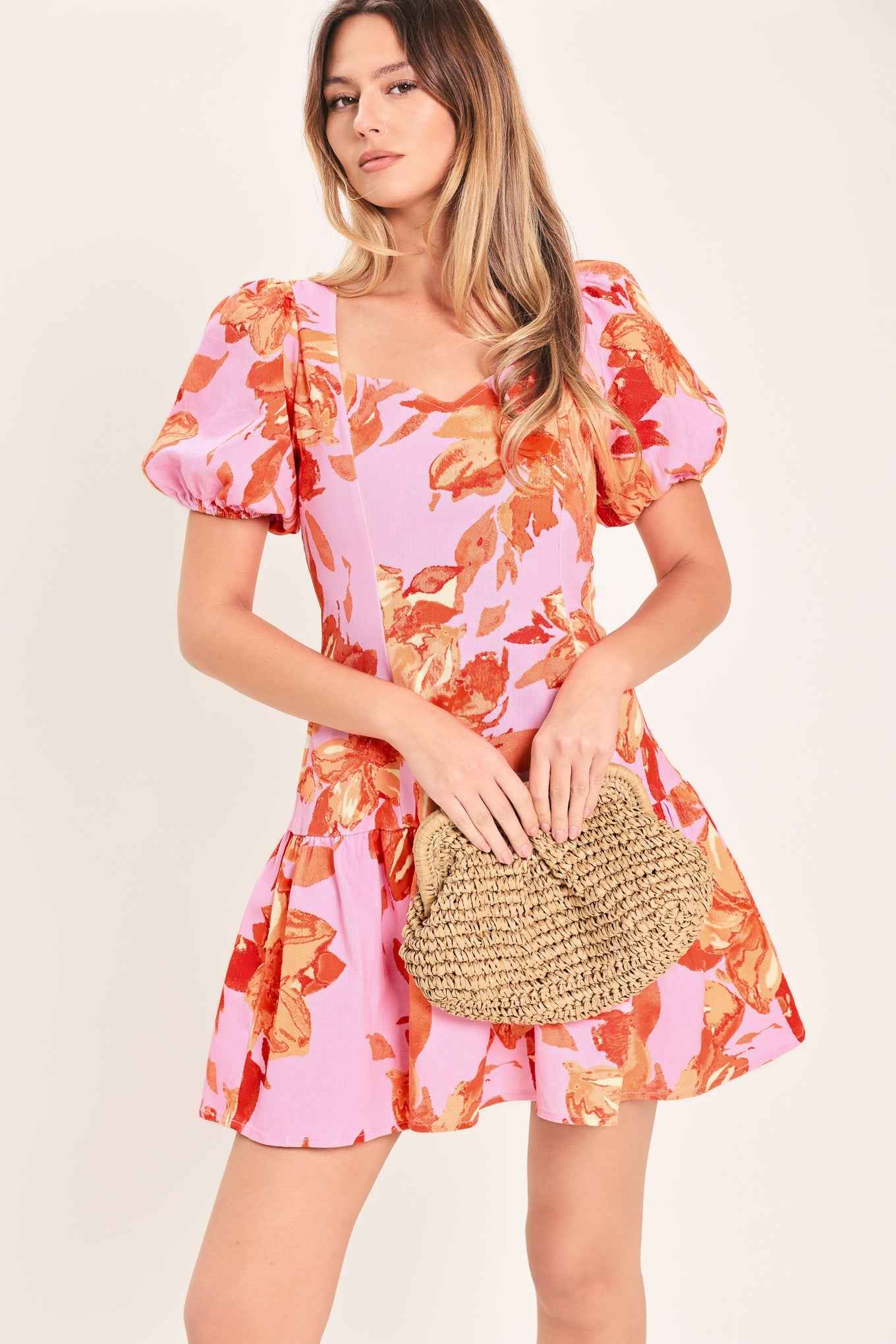 PINK BLOOM WOVEN MINI DRESS