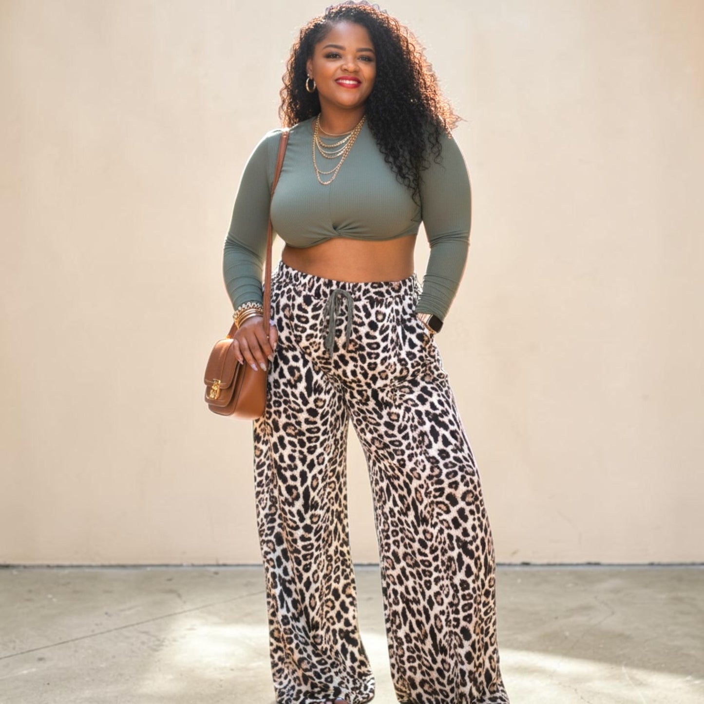 Plus Size Long Sleeve Top And Wide Leg Leopard Print Pants Set