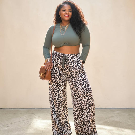 Plus Size Long Sleeve Top And Wide Leg Leopard Print Pants Set