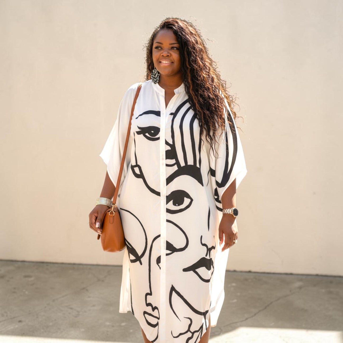 Womens Plus Size Face Abstract Shirt Dress