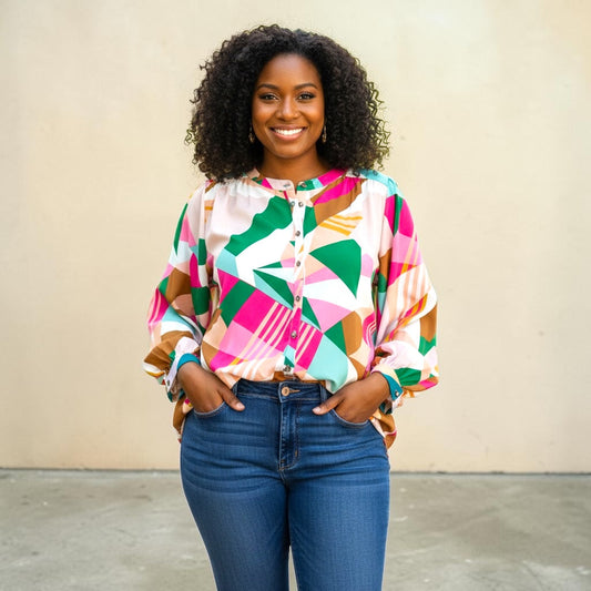 Women's Plus Size Botton Multicolored Button Up Top