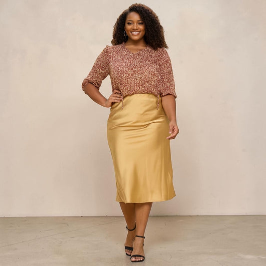 Women's Gold Plus Size Midi Satin Skirt