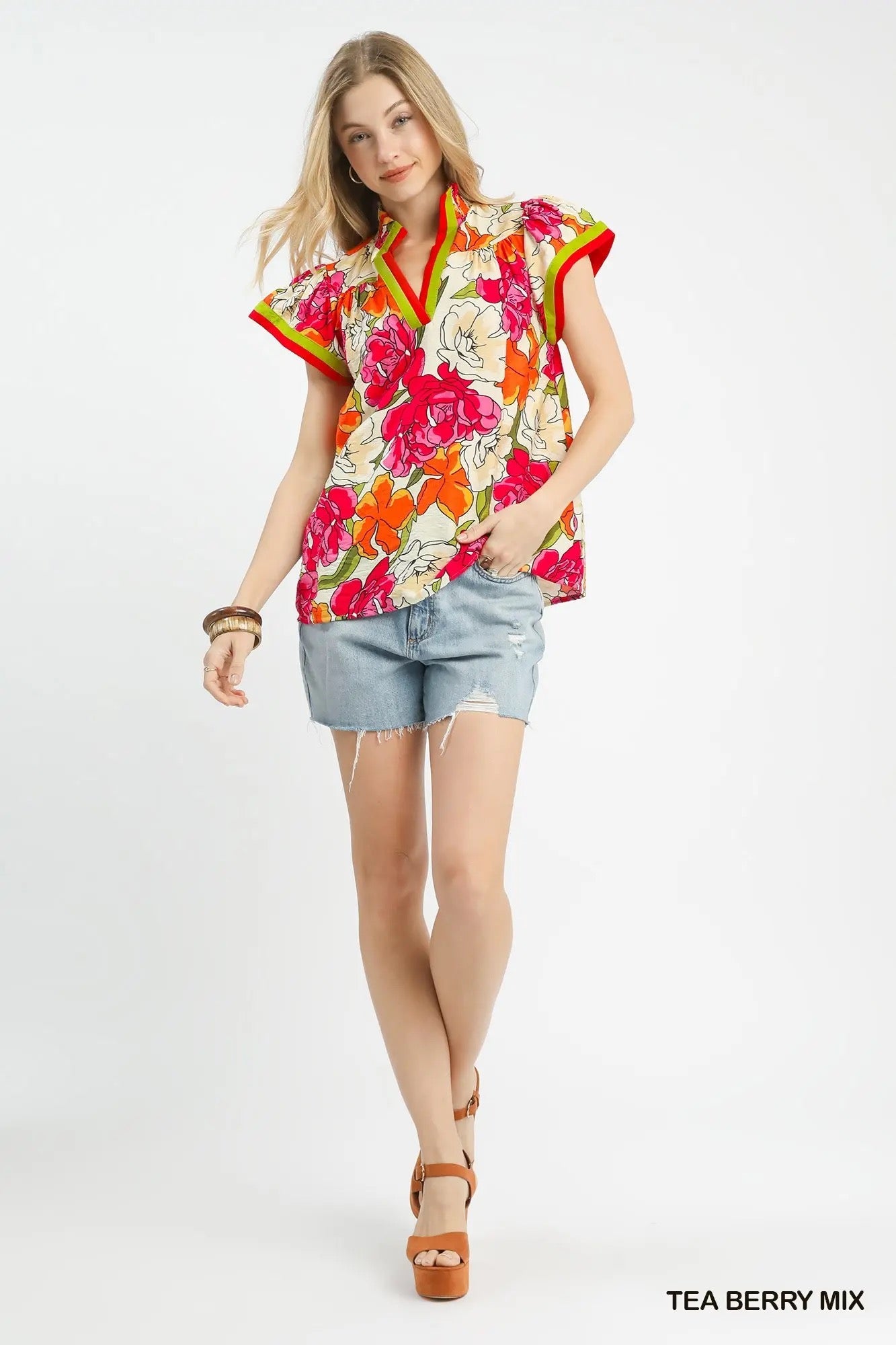 TEA BERRY MIX Floral Print Blouse with Contrast Trim