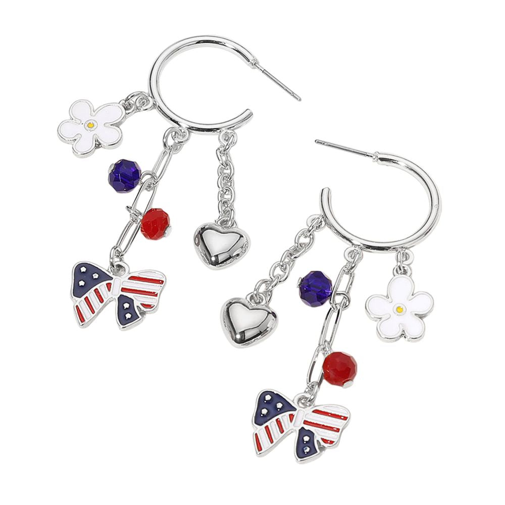Enamel American USA Flag Bow Flower Metal Heart Drop Dangle Earrings