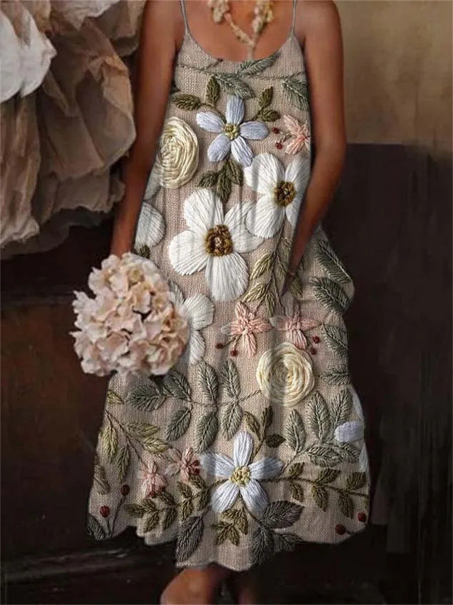 European & American Style Floral Art Print Sling Holiday Dress