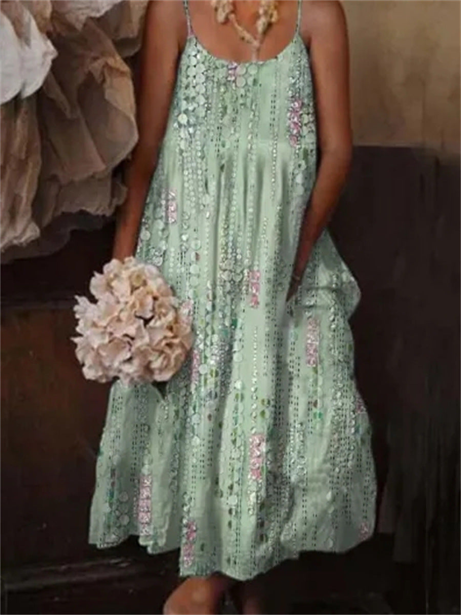 European & American Style Floral Art Print Sling Holiday Dress