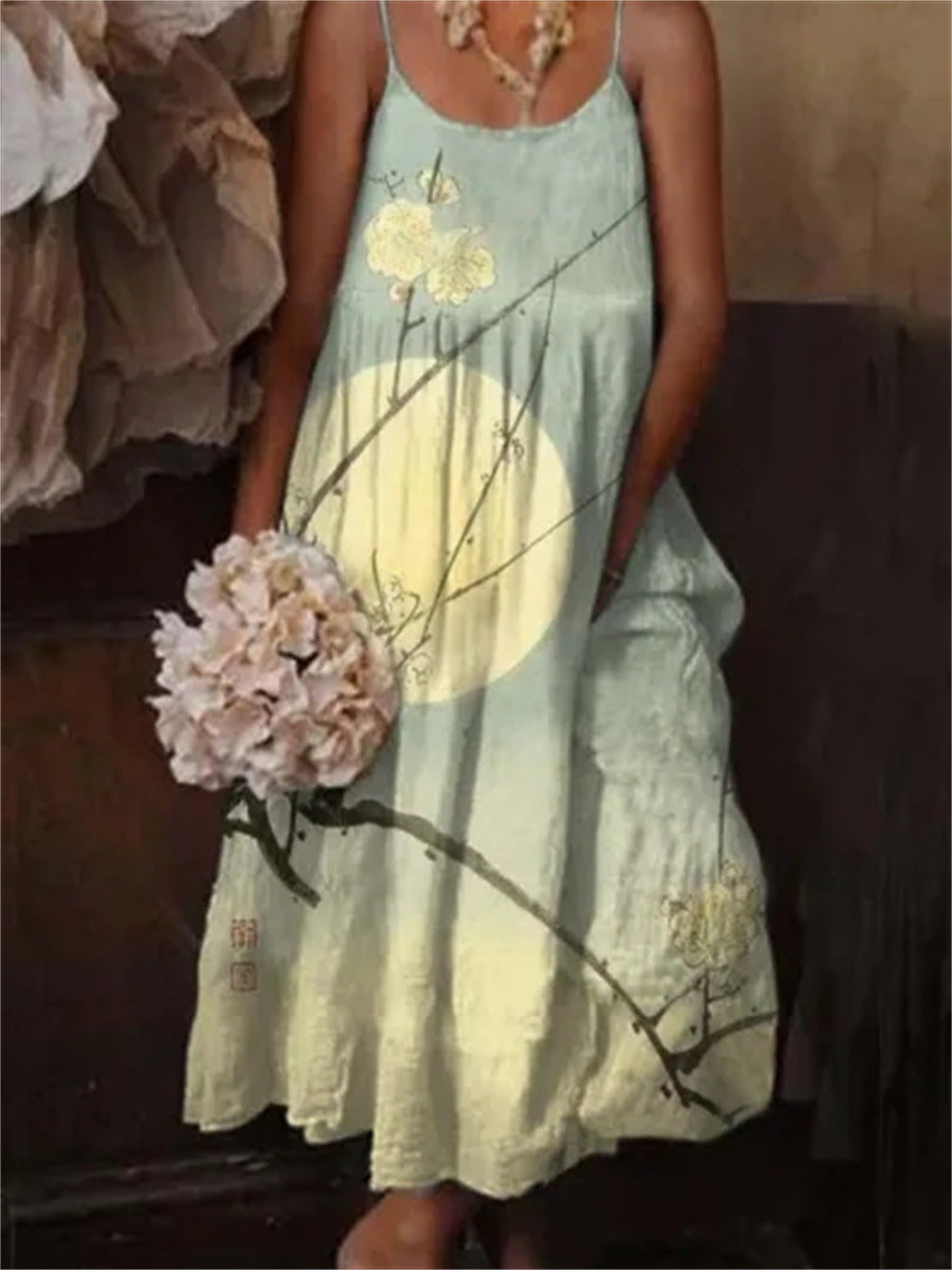 European & American Style Floral Art Print Sling Holiday Dress