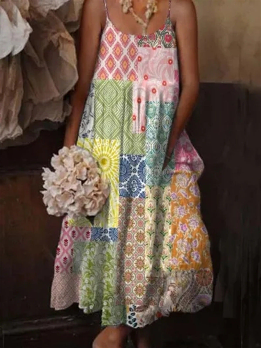 European & American Style Floral Art Print Sling Holiday Dress