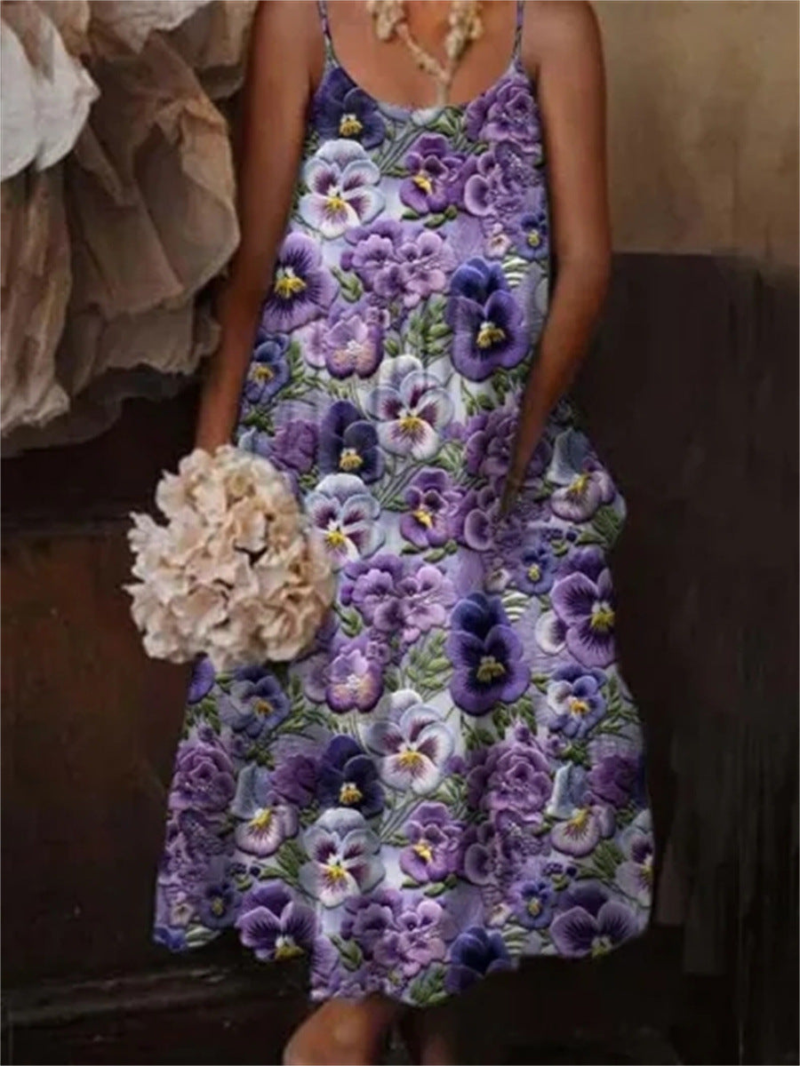 European & American Style Floral Art Print Sling Holiday Dress