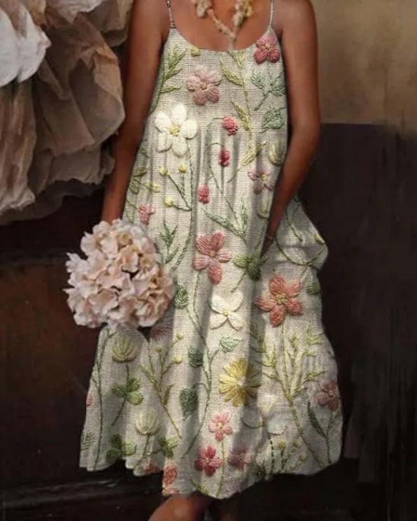European & American Style Floral Art Print Sling Holiday Dress