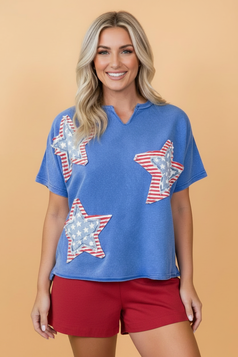 USA Star Patchwork Mineral Wash Notched Neck Tee