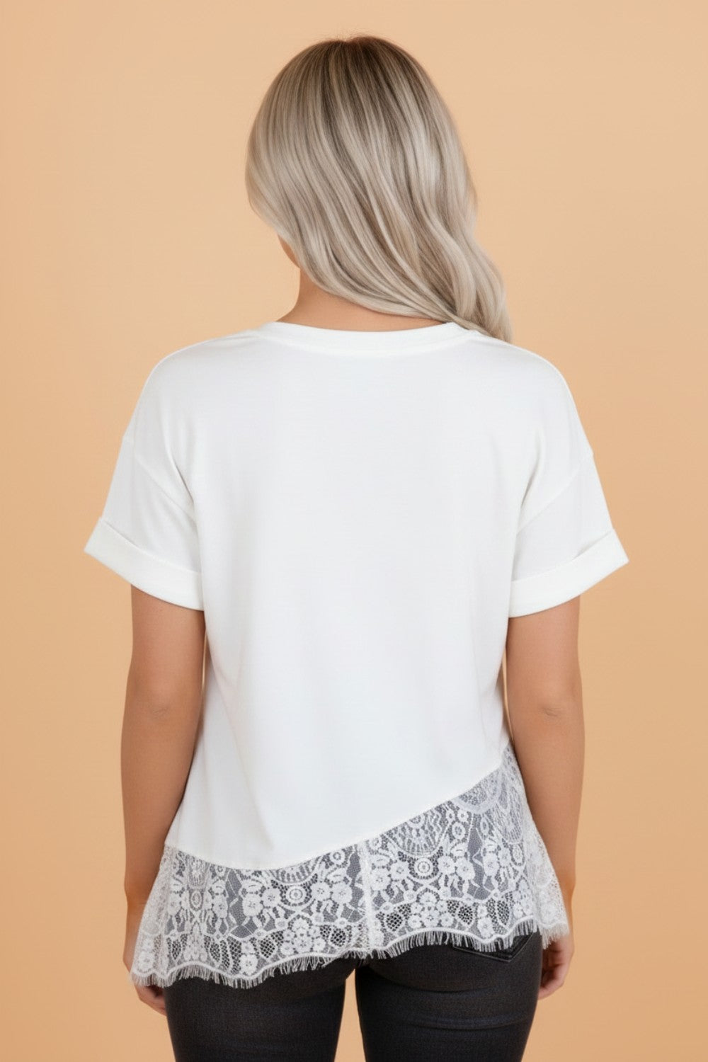 Solid Asymmetric Lace Hem Patchwork T-Shirt
