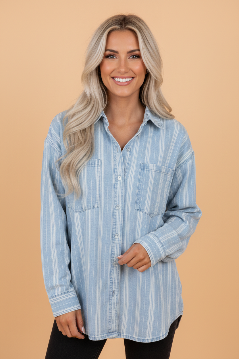 Stripe Denim Chest Pocket Boyfriend Shacket