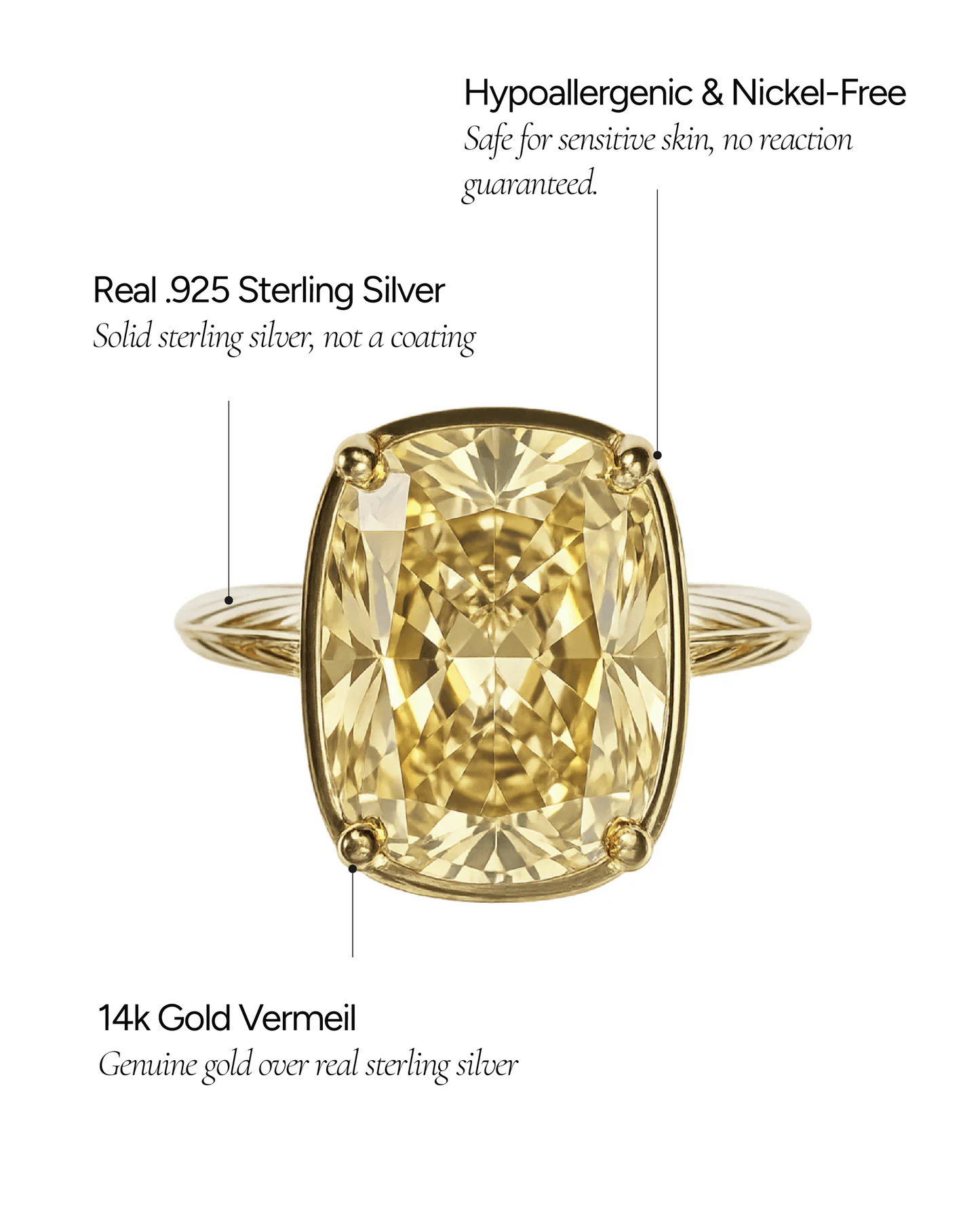 Sterling Silver Elongated Cushion Light Yellow CZ Cocktail Ring