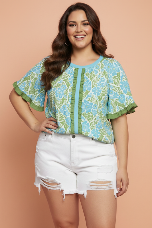 Plus Size Floral Frilled Colorblock Trim Blouse