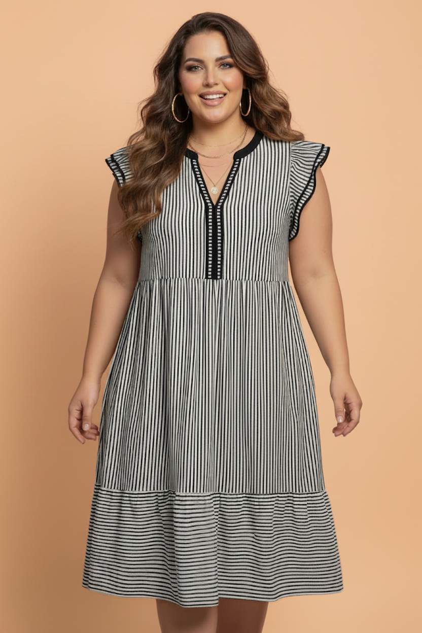 Plus Size Stripe Flutter Sleeve V-Neck Maxi Dress