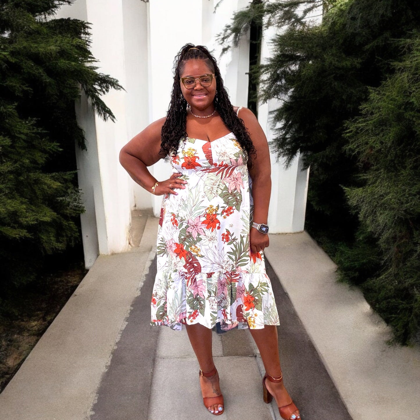 Plus Size Floral Asymmetric Spaghetti Strap Dress