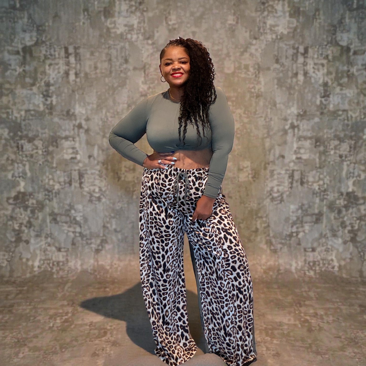 Plus Size Long Sleeve Top And Wide Leg Leopard Print Pants Set