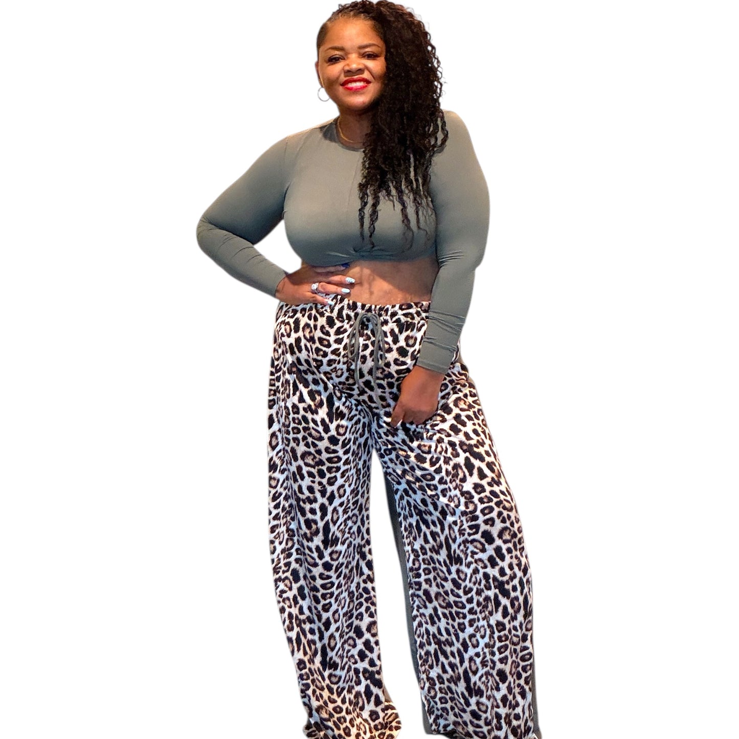 Plus Size Long Sleeve Top And Wide Leg Leopard Print Pants Set