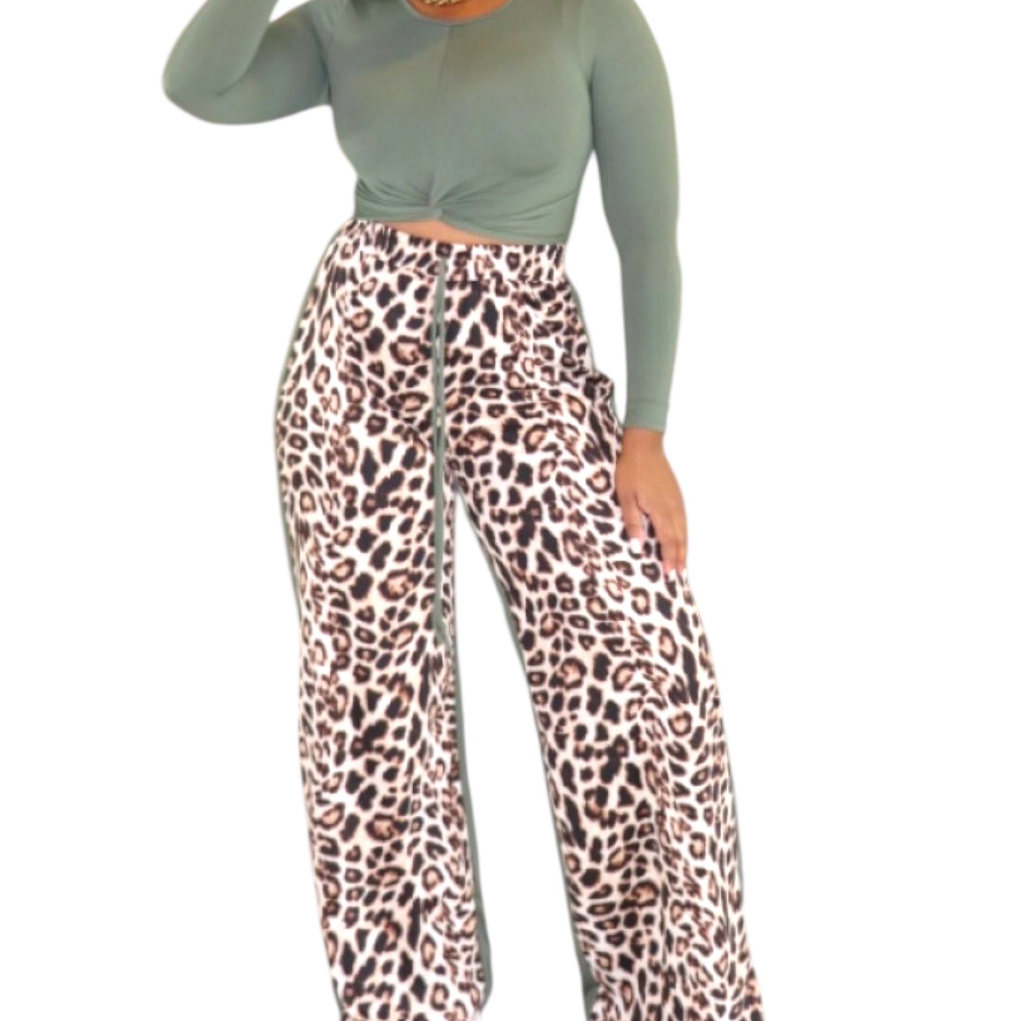 Plus Size Long Sleeve Top And Wide Leg Leopard Print Pants Set