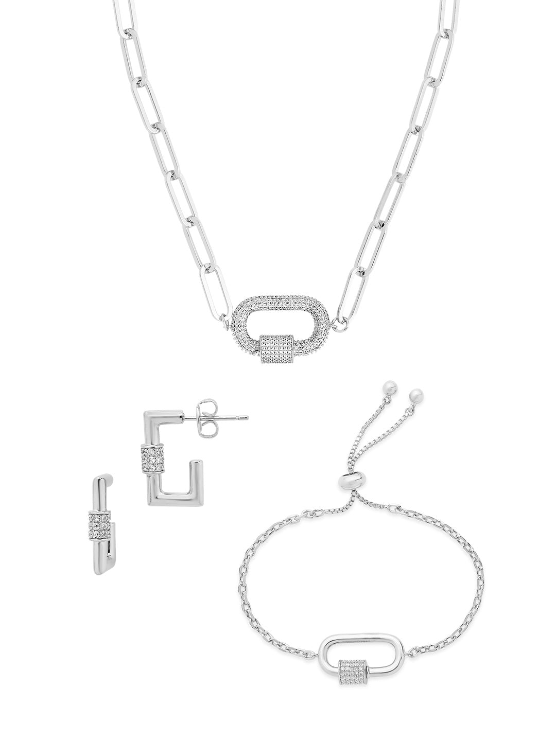 Pave CZ Carabiner Linked Lock Necklace Bundle