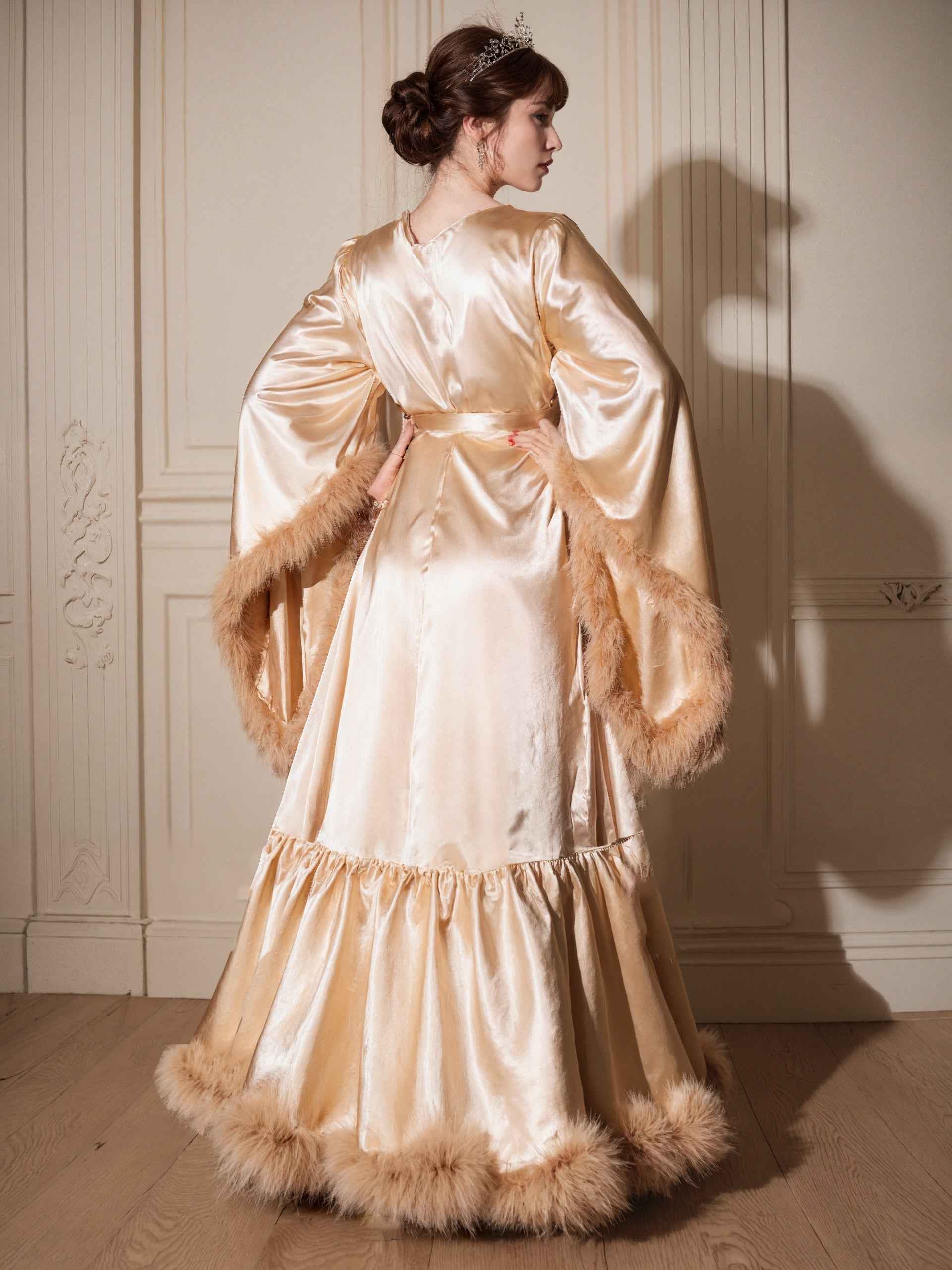 Silky Satin Feather Fringe Hem Long Robe (Victorian Style) - next day shipping selective colors
