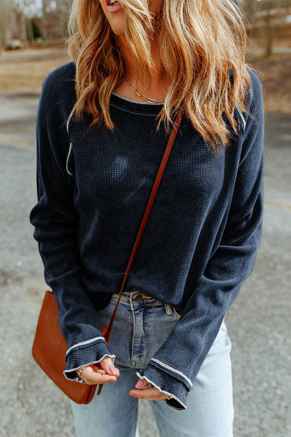 Solid Waffle Knit Round Neck Long Sleeve Top