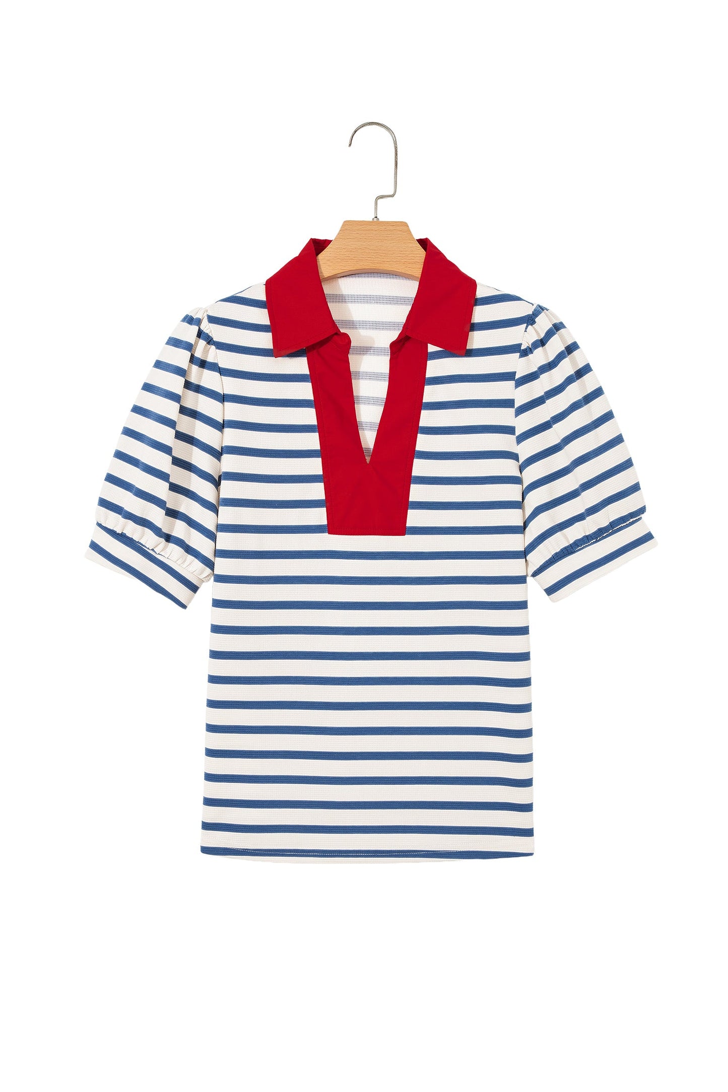 Stripe Colorblock Puff Sleeve Polo Collar Blouse