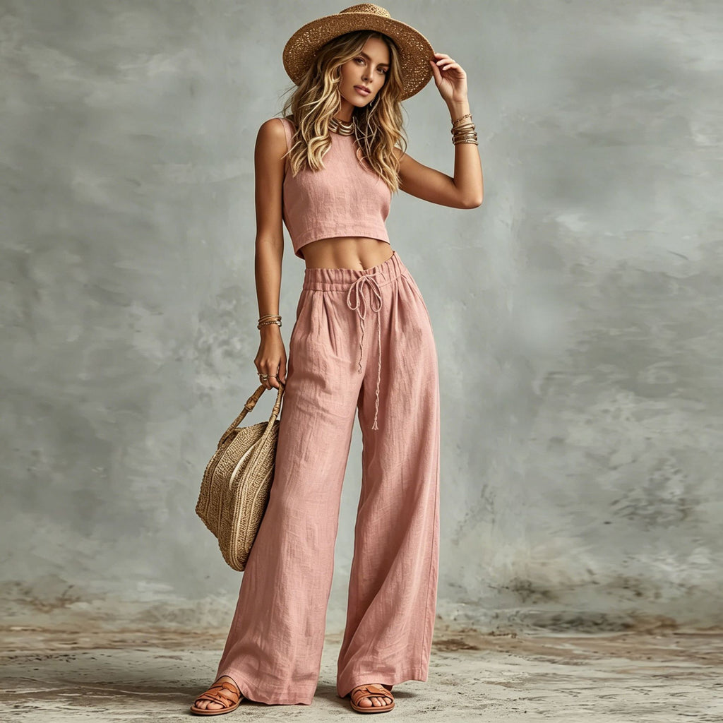 Women's Sleeveless Vest & Drawstring High-Waist Wide-Leg Pants Set