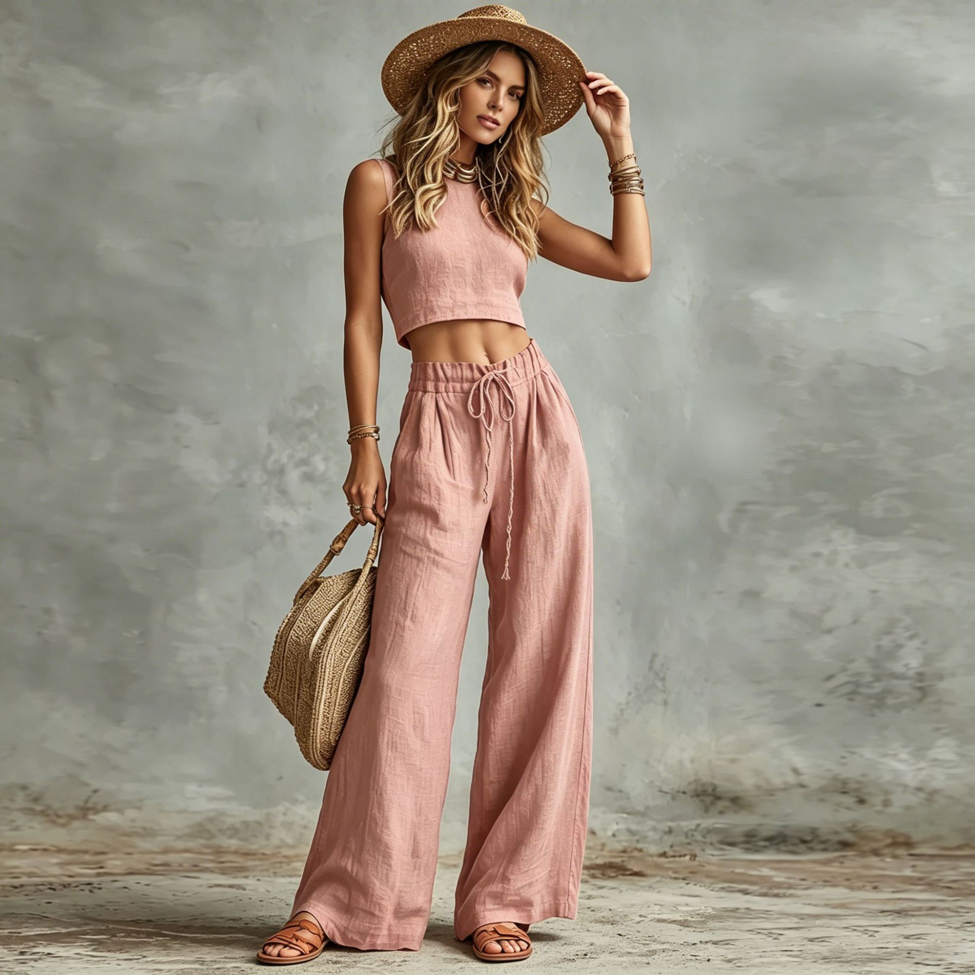 Women's Sleeveless Vest & Drawstring High-Waist Wide-Leg Pants Set