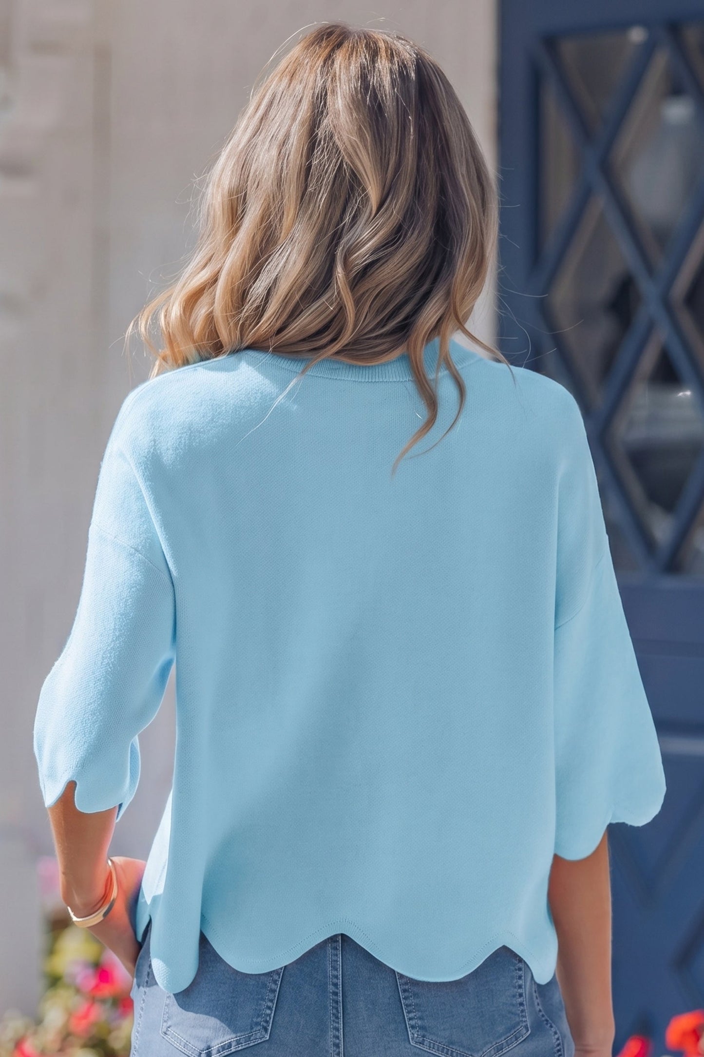 Solid Scalloped Hem 3/4 Sleeve Sweater Top
