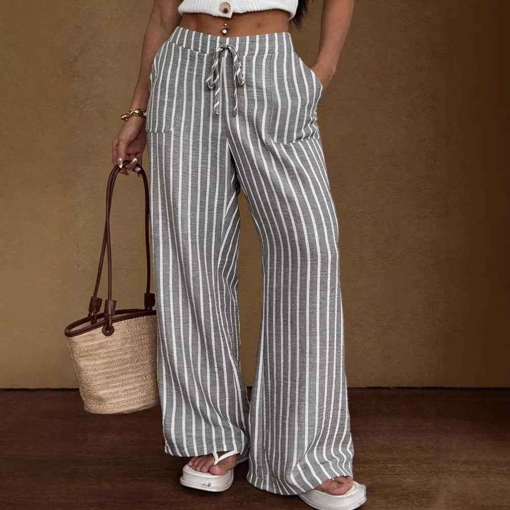 Women's Striped Wide-Leg Trousers – Lace-Up Elastic Waist Loose Fit