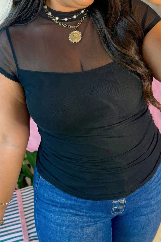 Plus Size Sheer Mesh Panel Short Sleeve Top