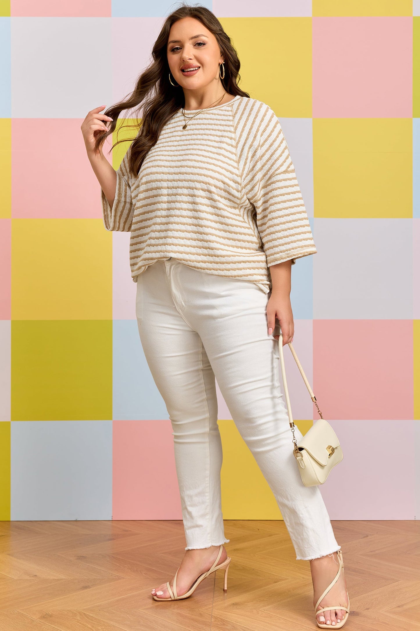 Plus Size Stripe Textured Patchwork 3/4 Sleeve Top