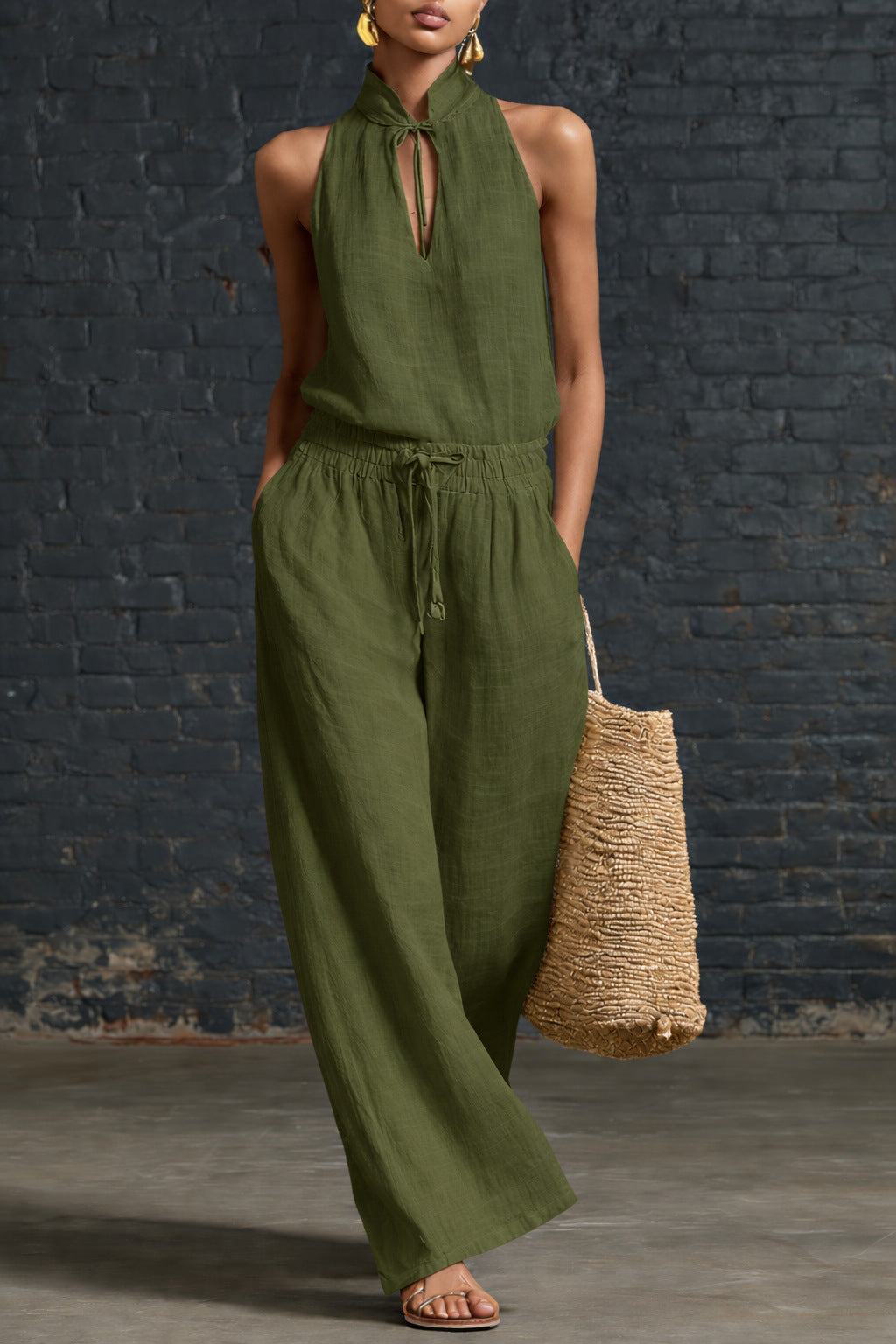 Women's Cotton Linen Sleeveless Top & Wide-Leg Pants Two-Piece Set