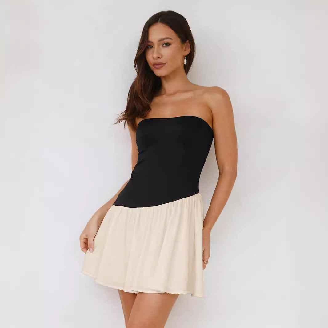 Women's Pleated Color Block Tube Top Dress