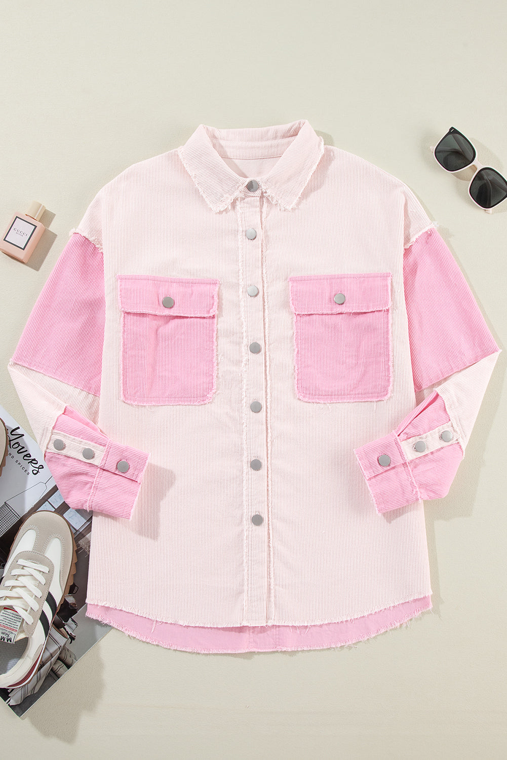 Colorblock Corduroy Reverse Seam Pocketed Shacket