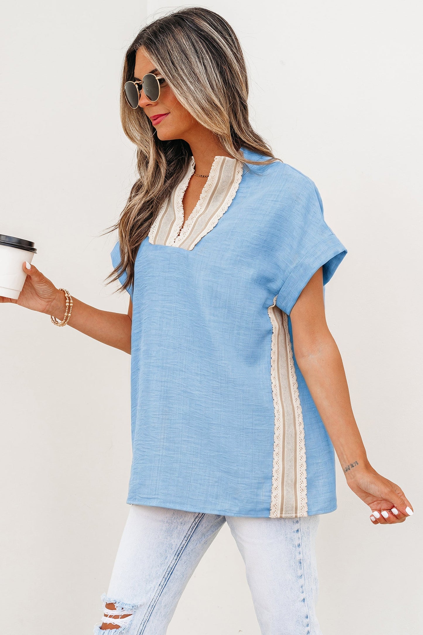 Crochet Lace Trim Rolled Short Sleeve Blouse