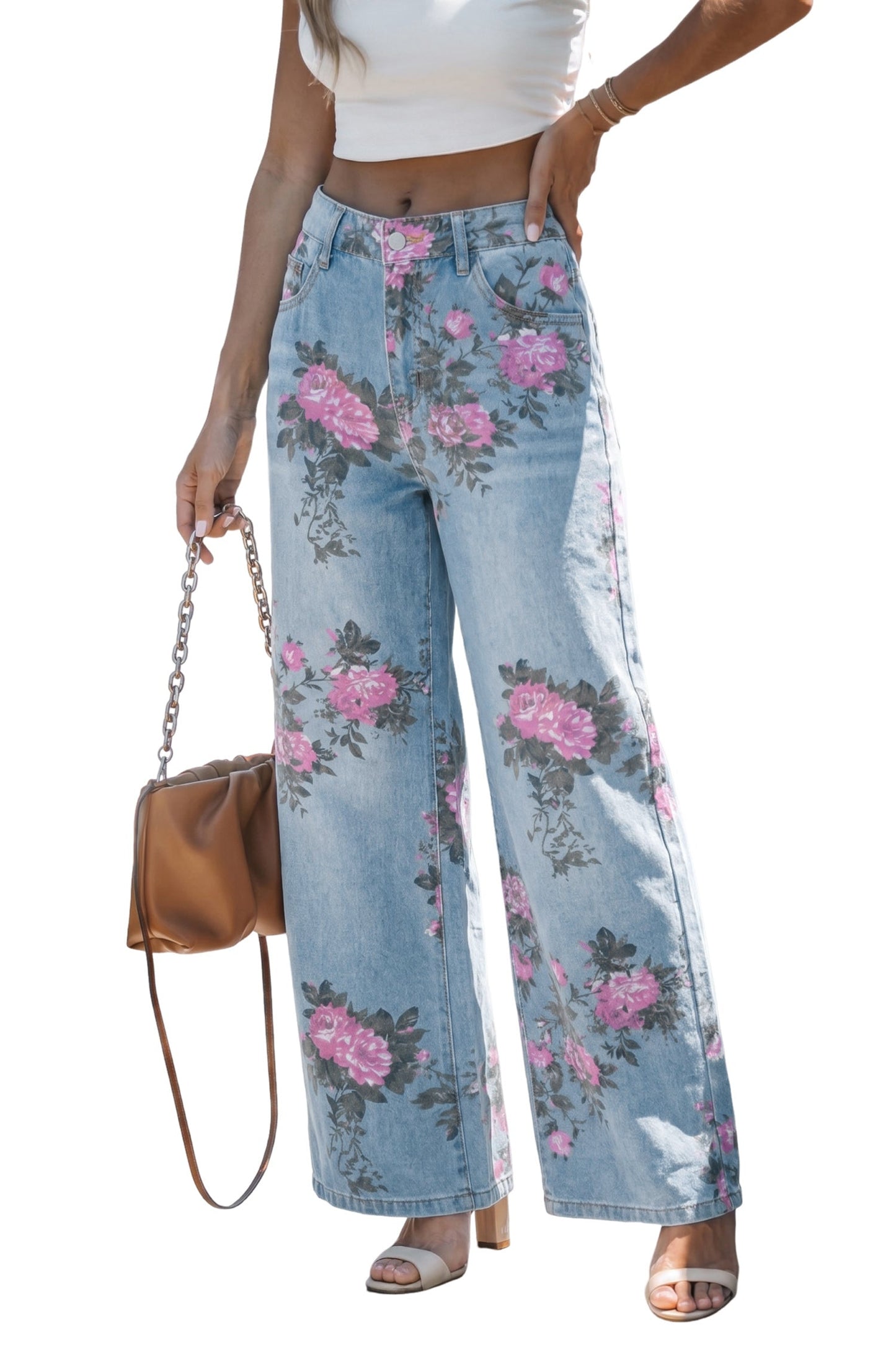 Floral Denim Wide Leg Jeans