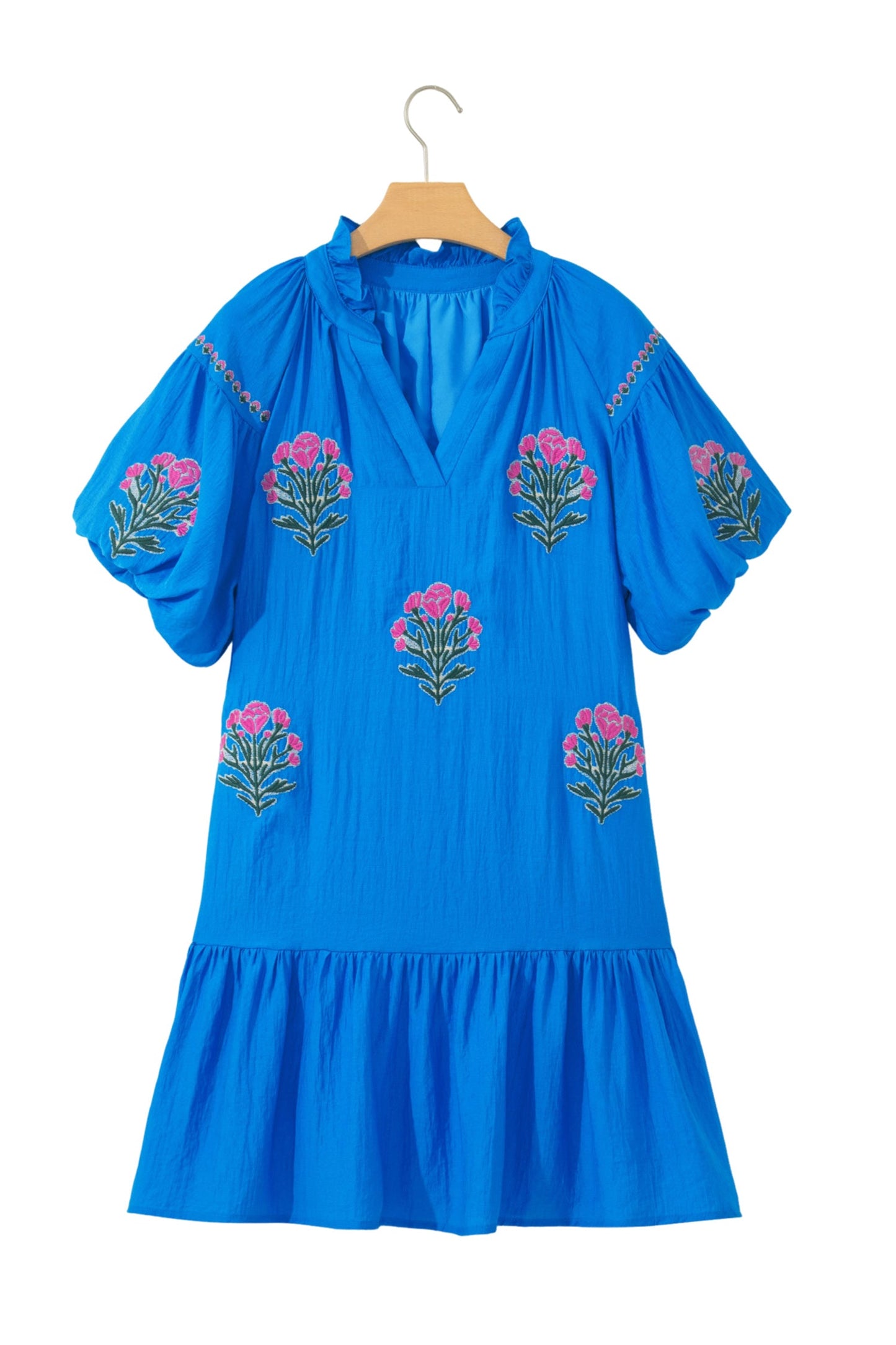 Flower Embroidered Puff Sleeve Ruffle Hem Dress