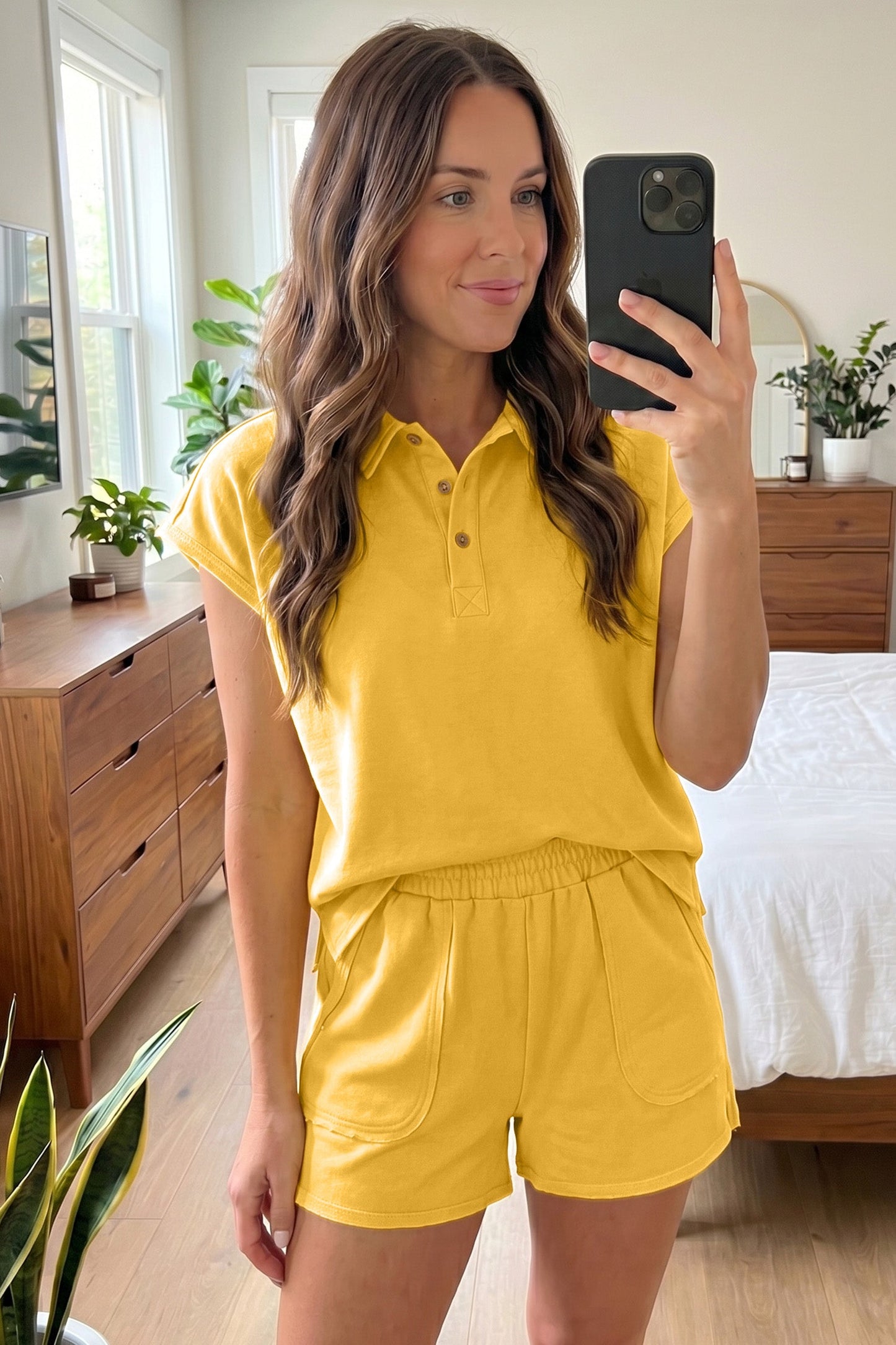 Solid Polo Tee & Elastic Waist Short Set