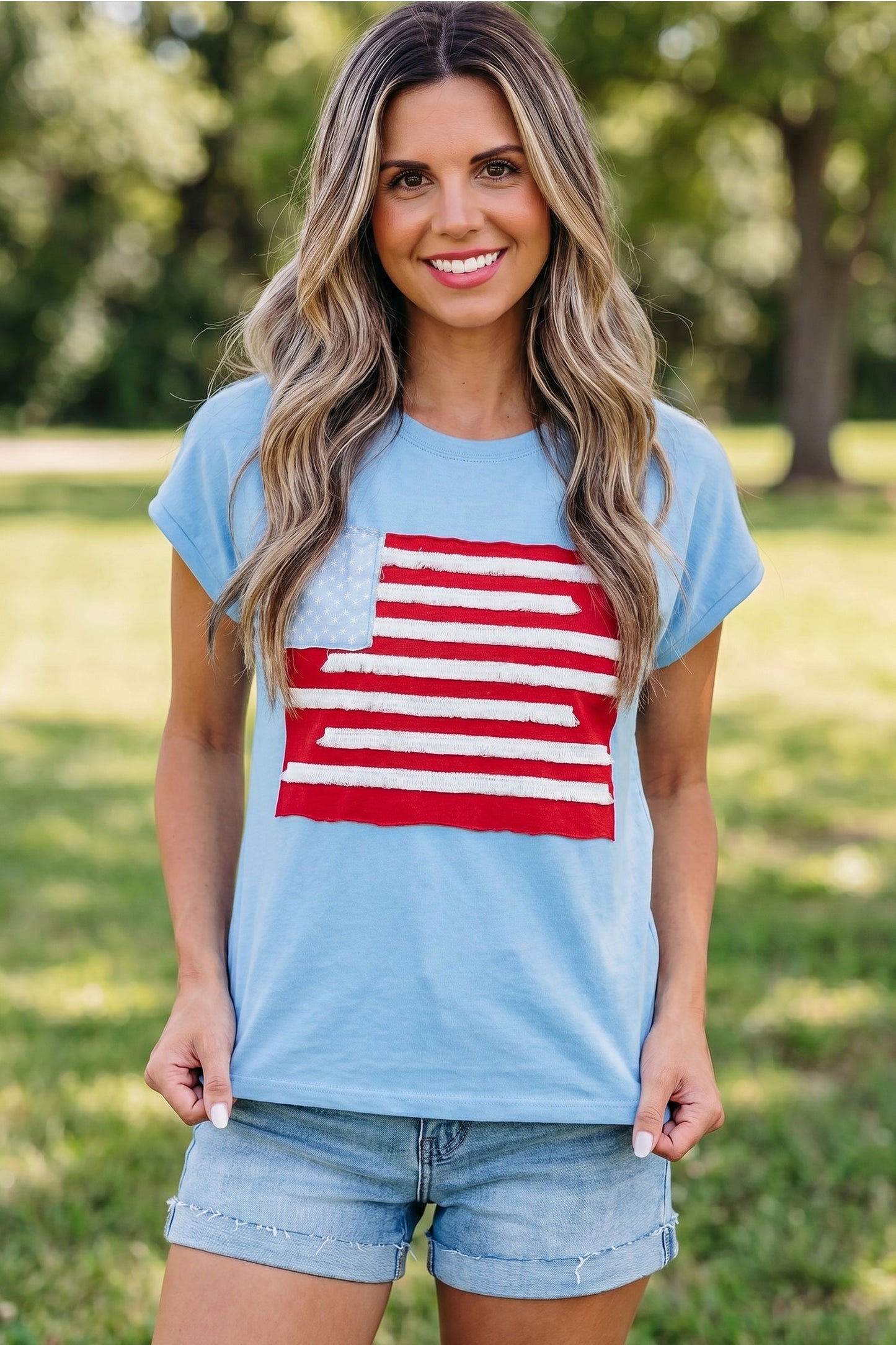 USA Flag Textured Patchwork Cap Sleeve Tee