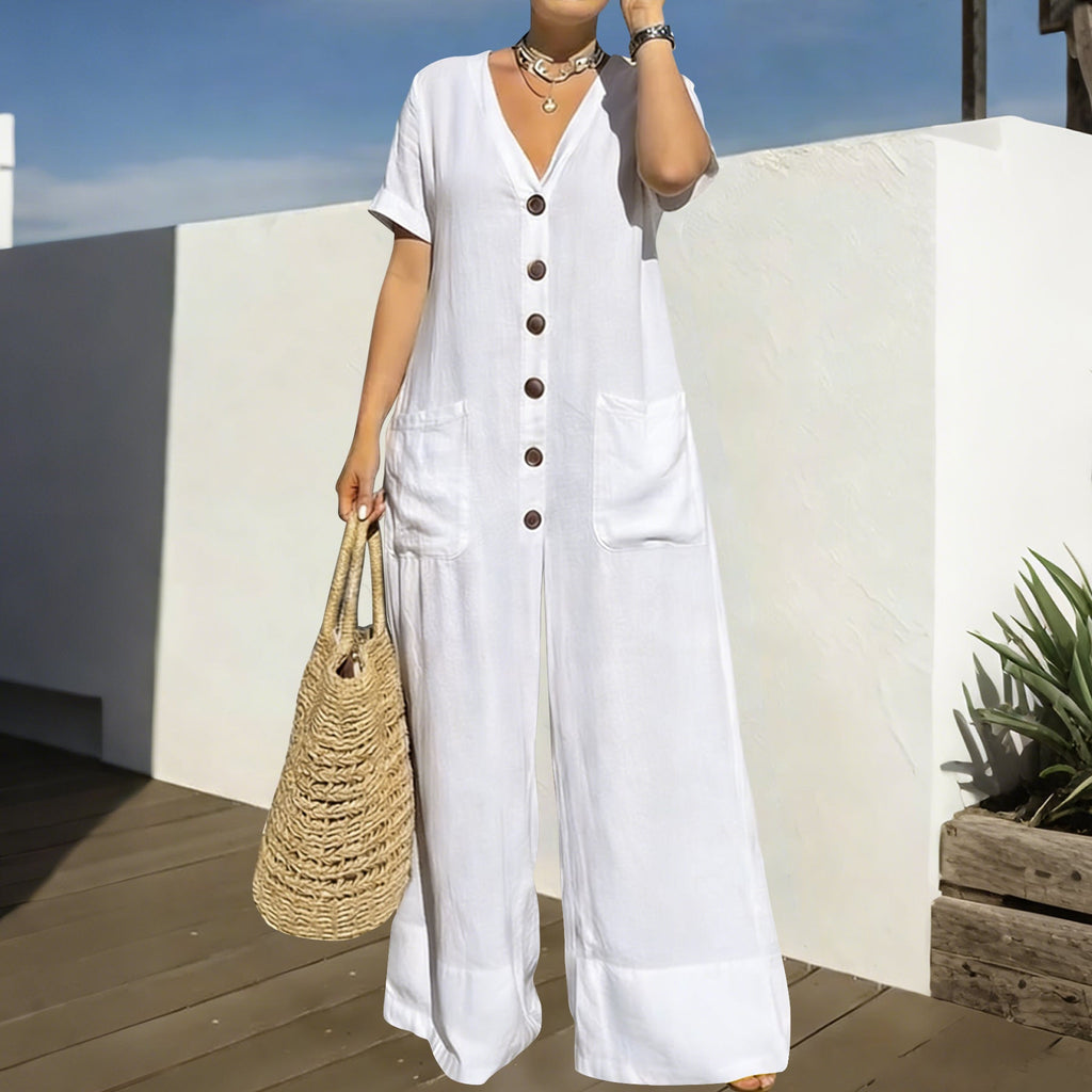 Women's Loose V-Neck Button Jumpsuit – Wide Leg Plus Size