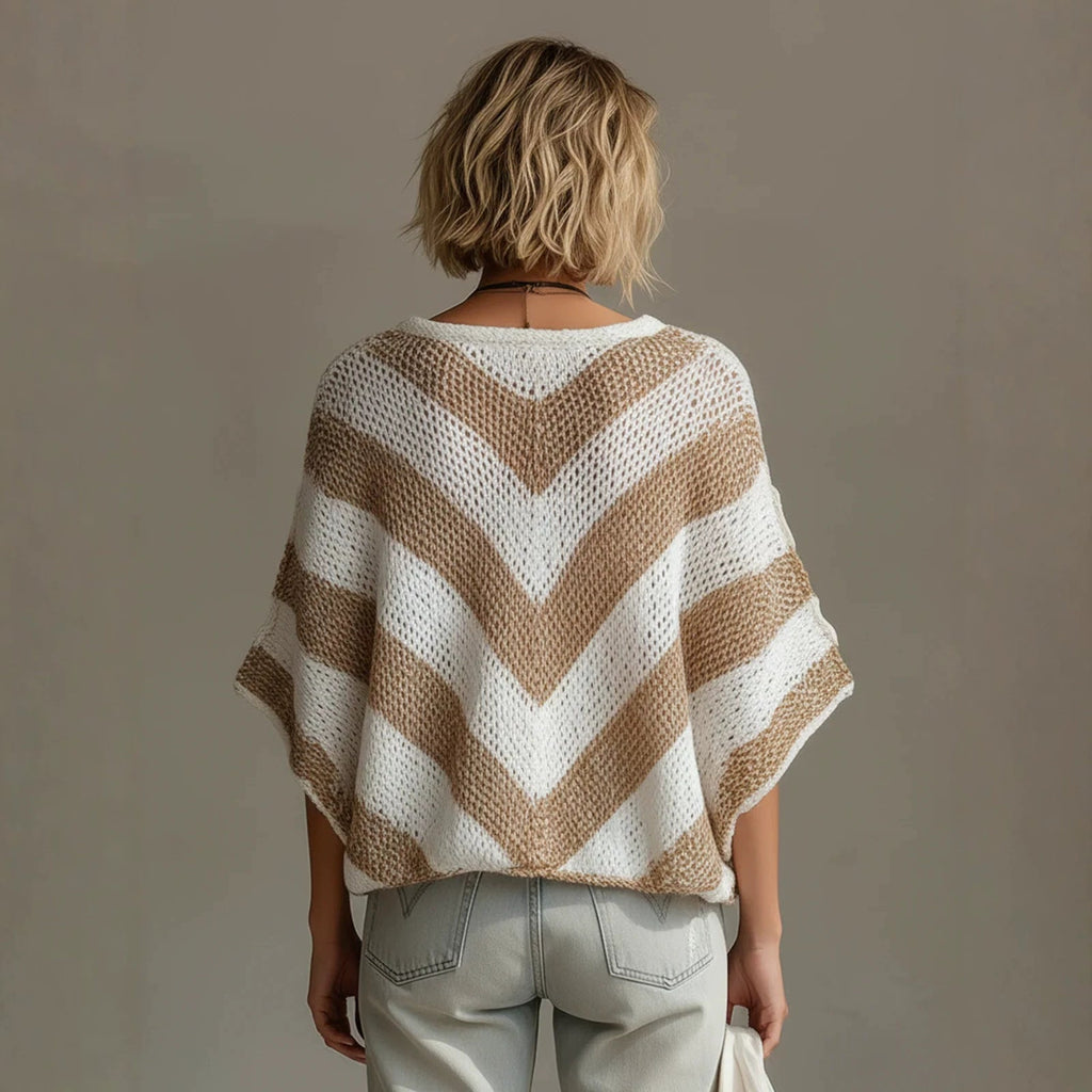 Women's V-Neck Knit Sweater – Loose Fit, Drop Shoulder, 3/4 Sleeve