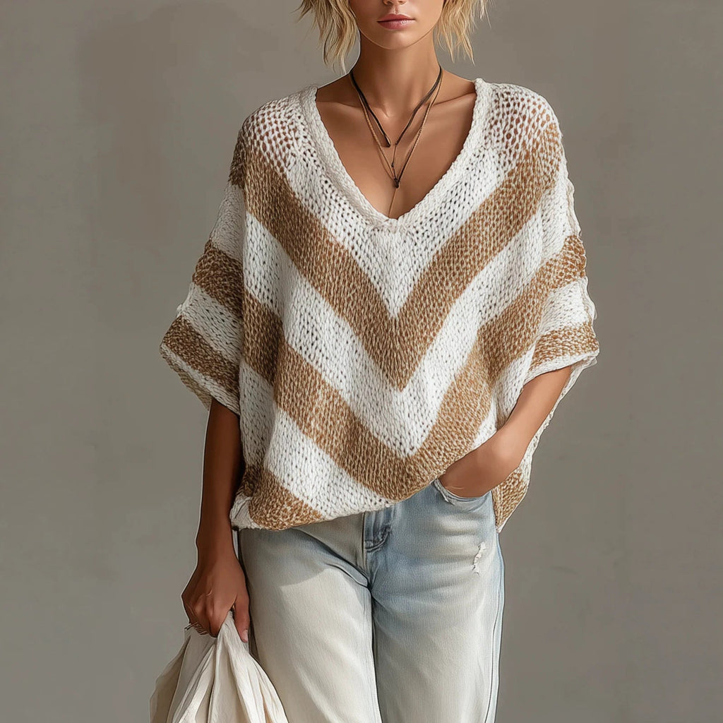 Women's V-Neck Knit Sweater – Loose Fit, Drop Shoulder, 3/4 Sleeve
