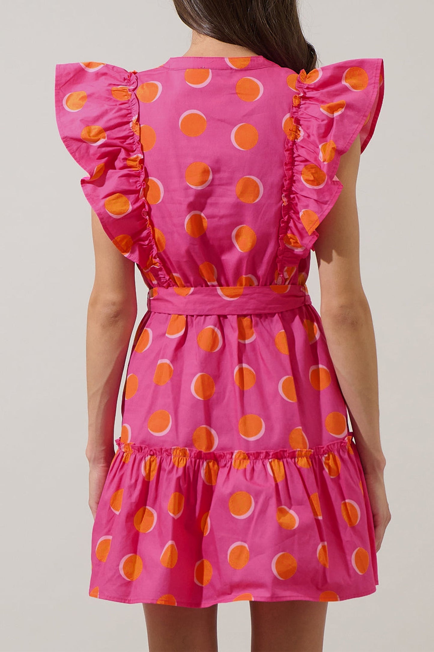 Polka Dot V-Neck Ruffle Belted Mini Dress