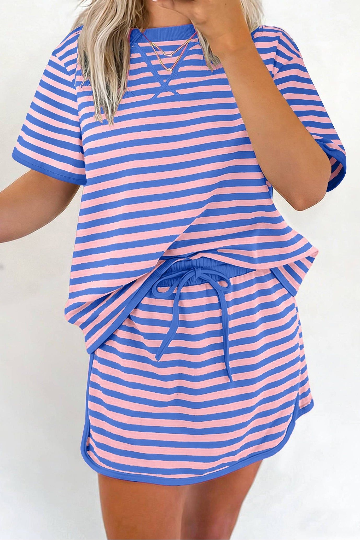 Stripe Contrast Trim Short Sleeve Top & Skirt Set